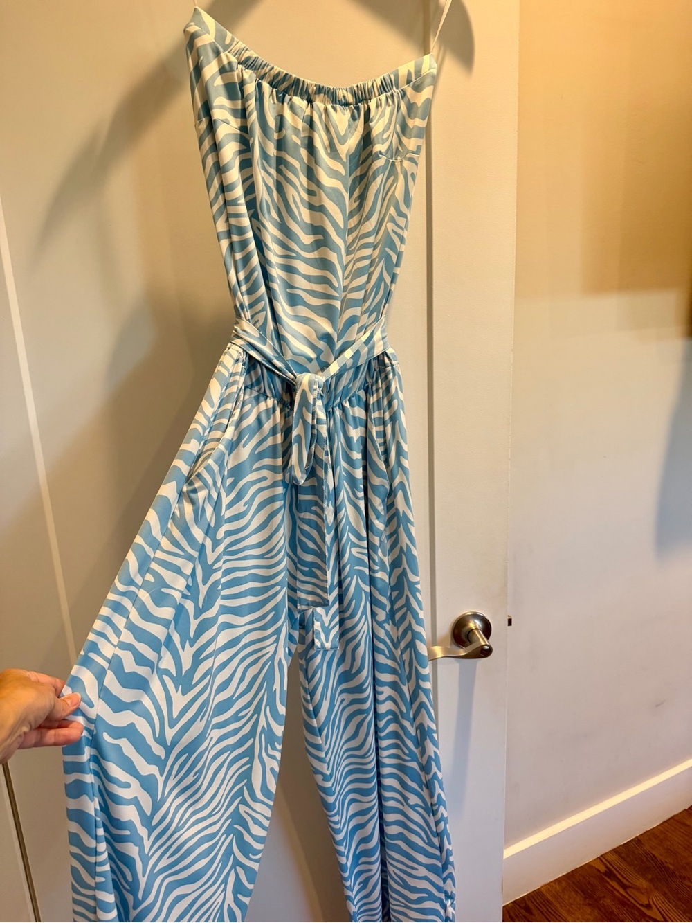 Blue and White Zebra-Print Strapless Jumpsuit with Tie Waist